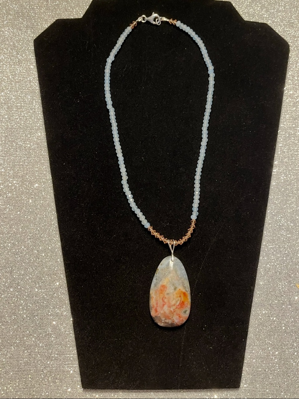 Natural Agate Pendant Blue Topaz Necklace Sterling Silver findings.